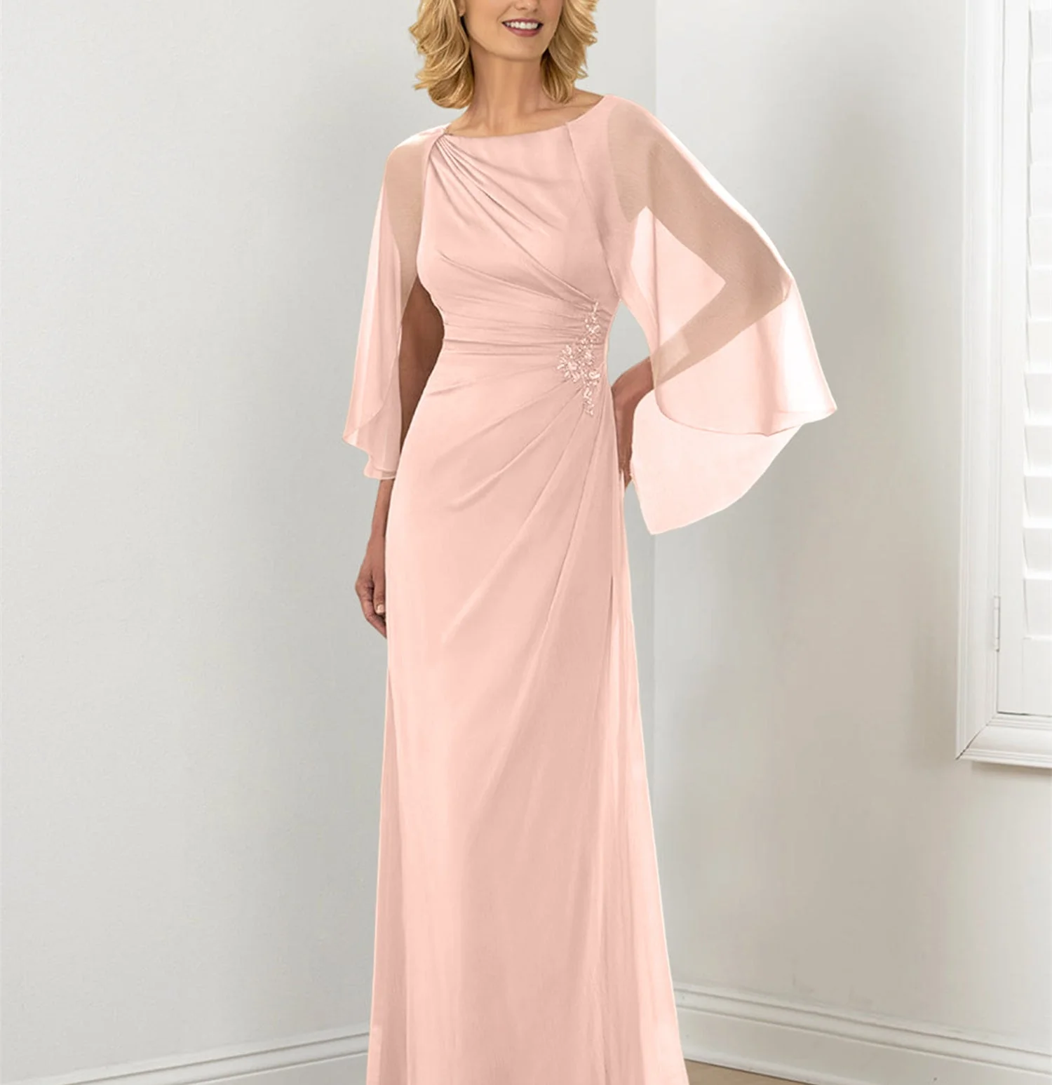 Sheath/Column Round Neck Mother of the Bride Dresses with Ruched - Image 4