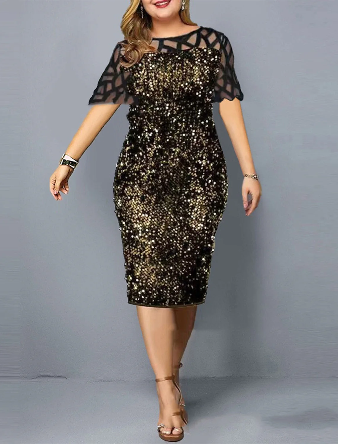 Sheath/Column Round Neck Plus Size Knee-Length Half Sleeves Wedding Guest Dresses with Sequins - Image 6