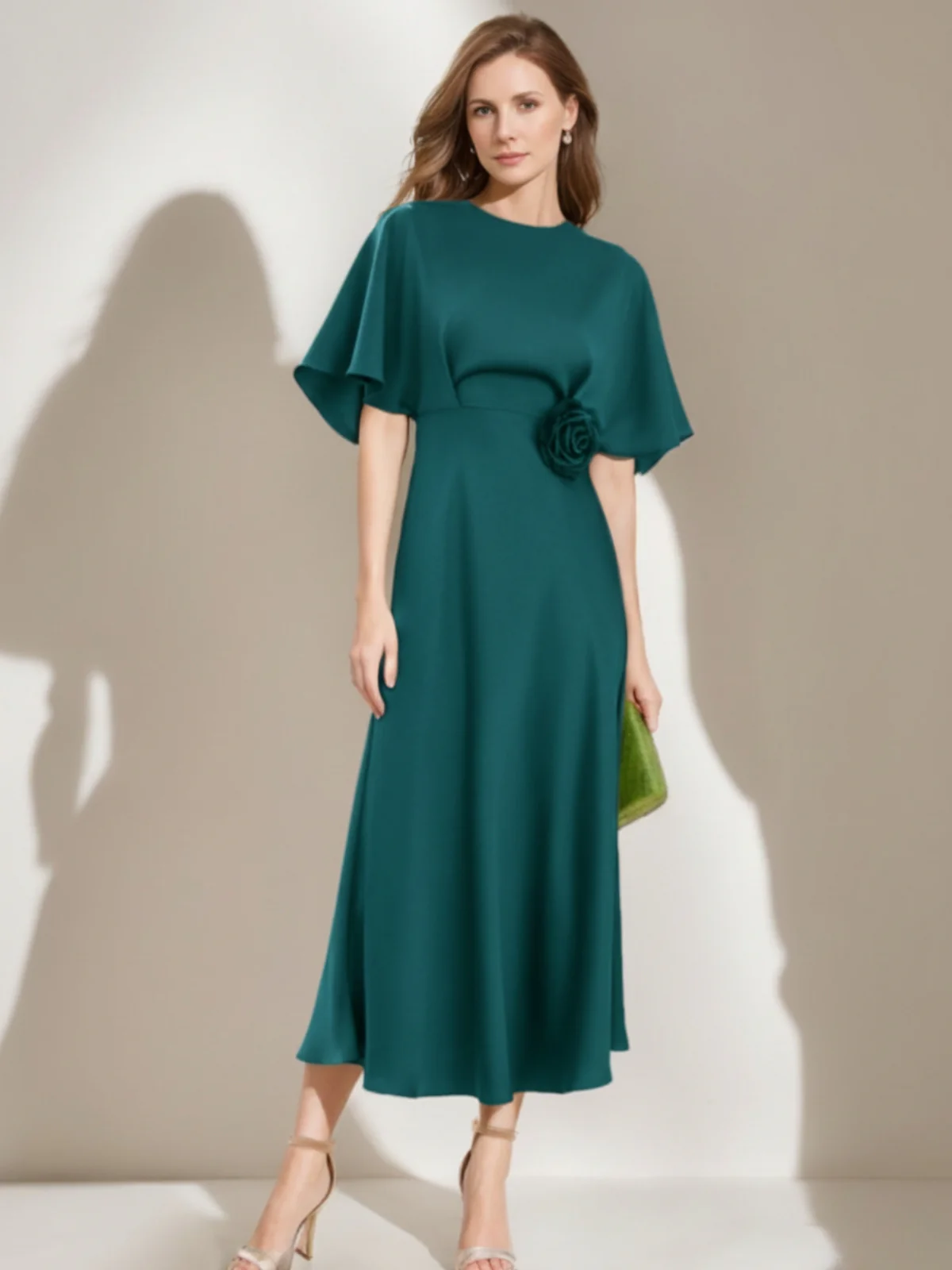 A-Line/Princess Round Neck Tea-Length Cape Sleeves Mother of the Bride Dresses with Floral - Image 5