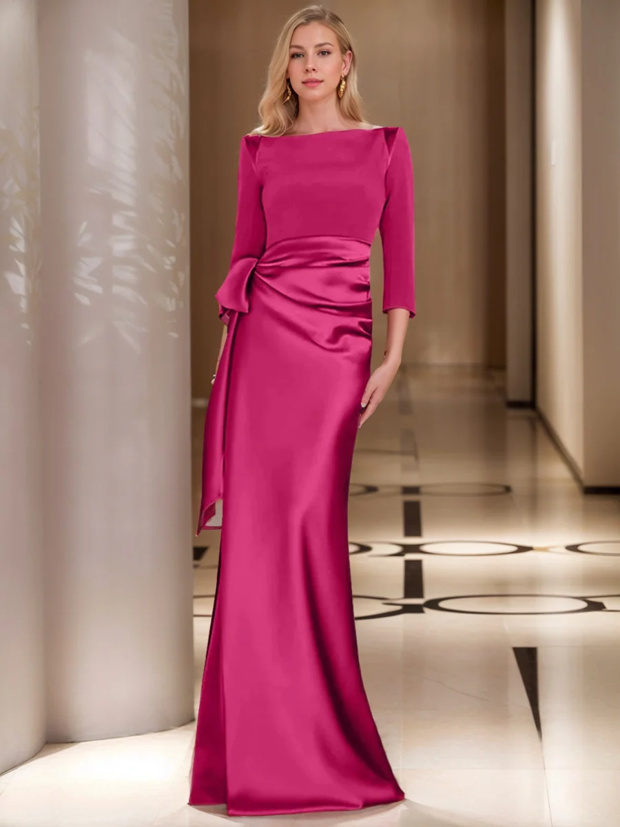 Sheath/Column Scoop 3/4 Length Sleeves Floor-Length Mother of the Bride Dresses with Bow - Image 3