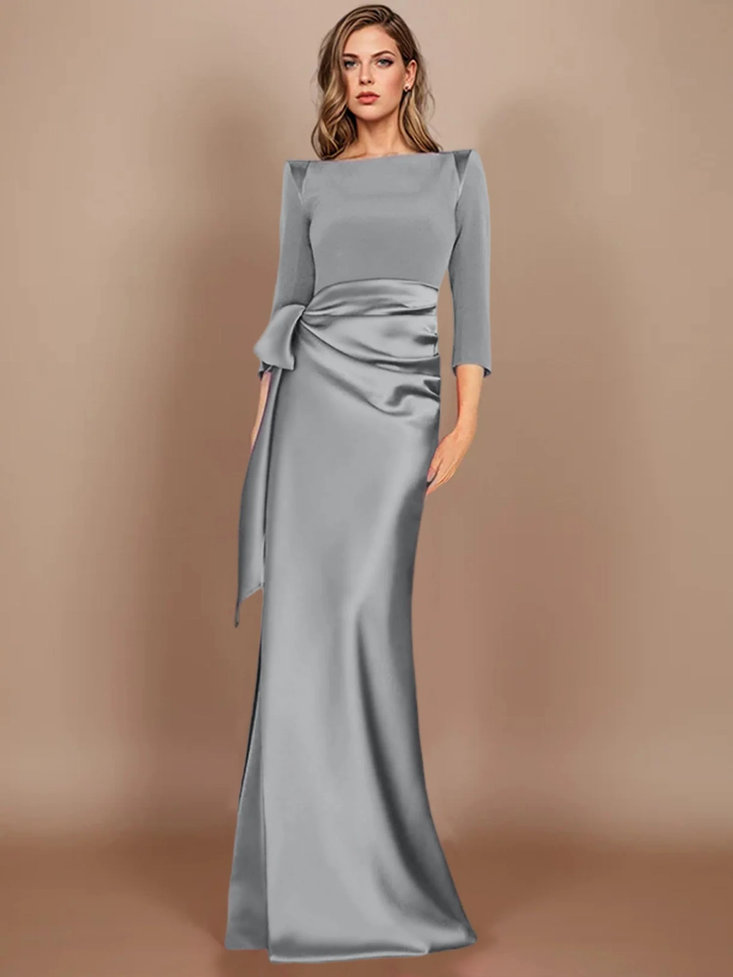 Sheath/Column Scoop 3/4 Length Sleeves Floor-Length Mother of the Bride Dresses with Bow - Image 49