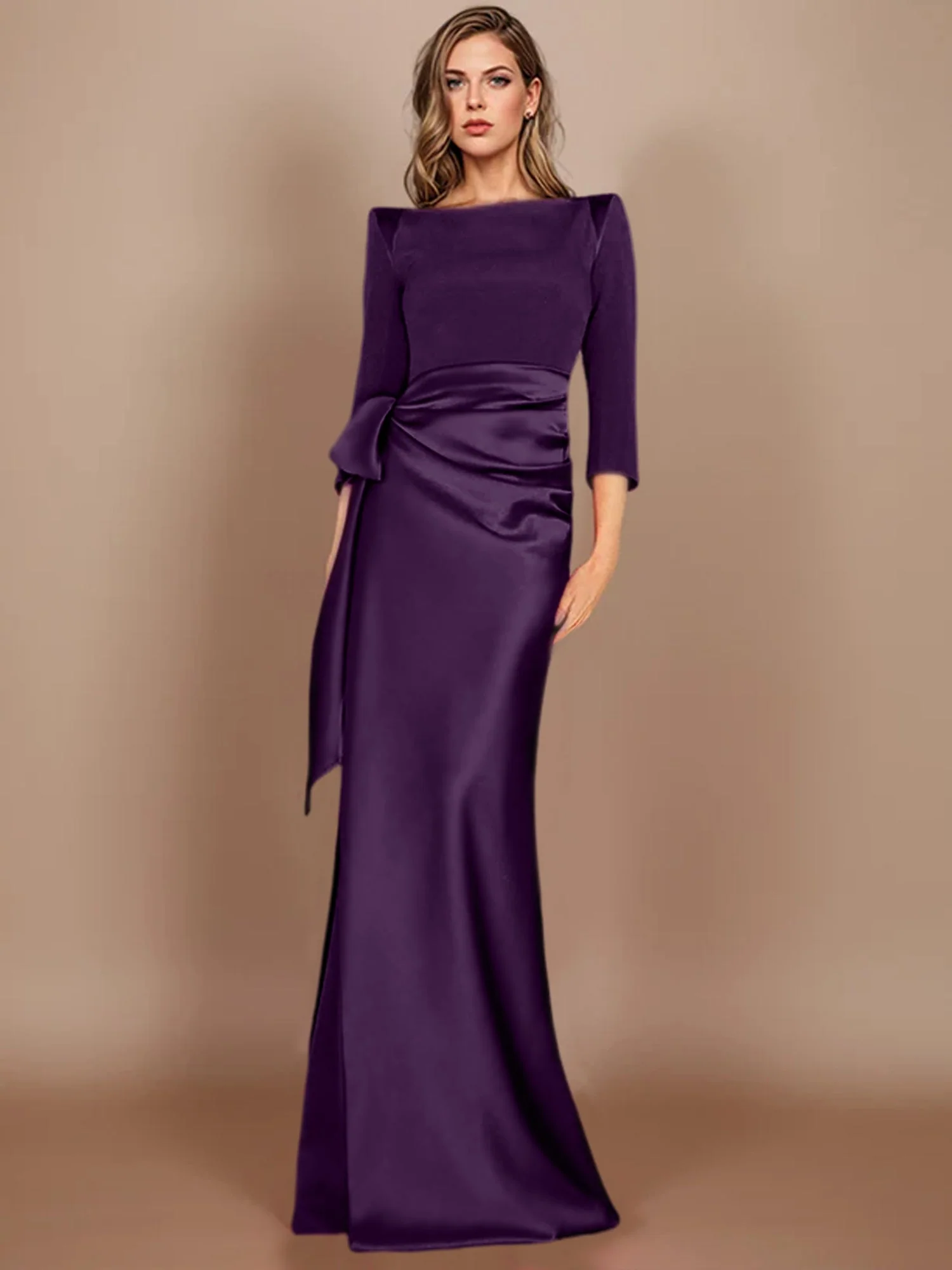 Sheath/Column Scoop 3/4 Length Sleeves Floor-Length Mother of the Bride Dresses with Bow - Image 9