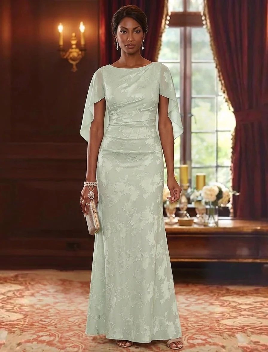 Sheath/Column Scoop Chiffon Floral Mother of the Bride Dresses Floor-Length Cape Sleeves - Image 3
