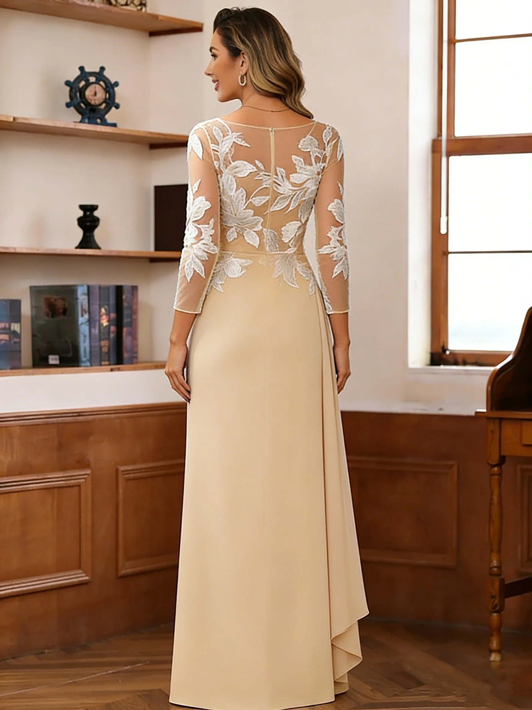 Sheath/Column Scoop Chiffon Mother of the Bride Dresses Ankle-Length 3/4 Sleeves Lace Flower with Overskirt - Image 2