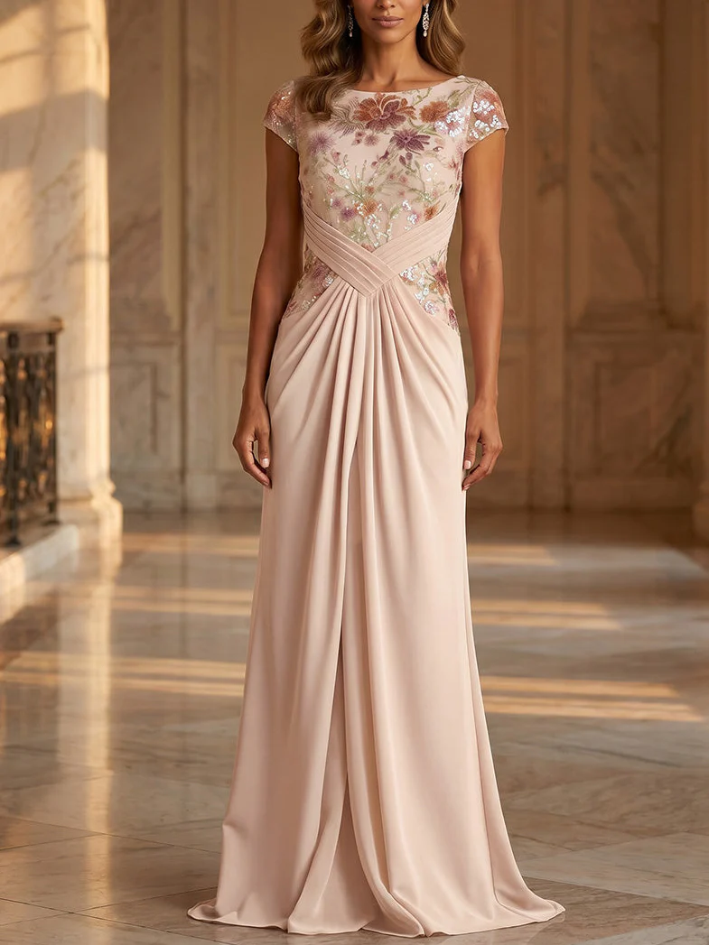 Sheath/Column Scoop Chiffon Mother of the Bride Dresses Floral Floor-Length Cap Sleeves Ruched