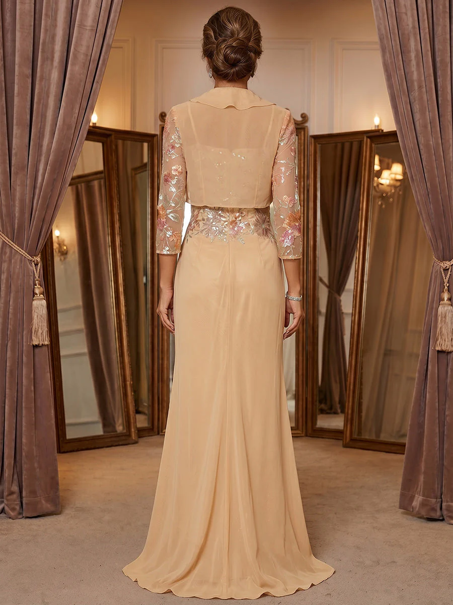 Sheath/Column Scoop Chiffon Mother of the Bride Dresses with Jacket Floral Floor-Length Split Side 3/4 Sleeves - Image 2