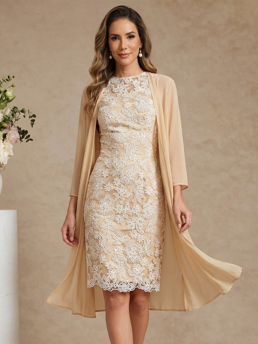 Sheath/Column Scoop Chiffon Mother of the Bride Dresses with Jacket Lace Floral 3/4 Sleeves Knee-Length