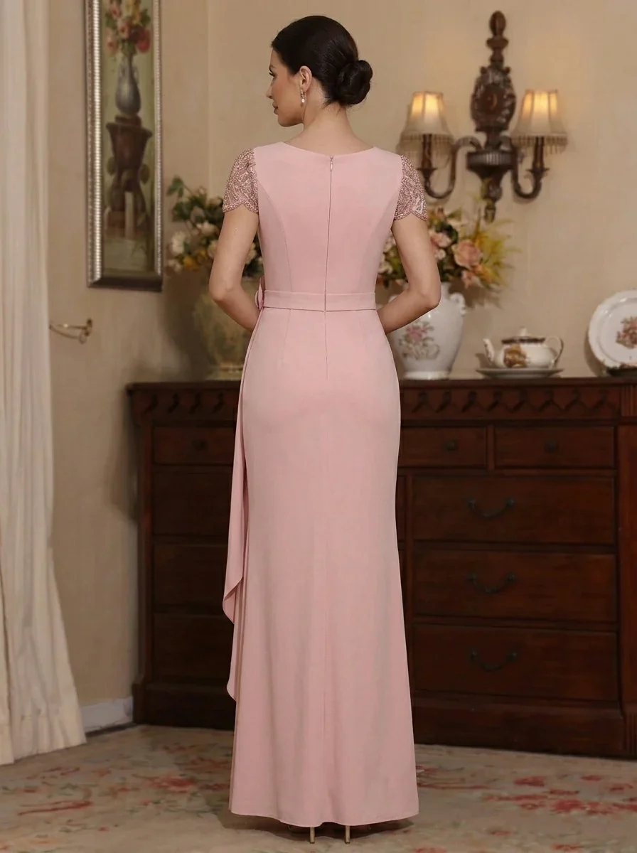 Sheath/Column Scoop Elastic Chiffon Mother of the Bride Dresses with Split Side 3D Flower Floral Floor-Length Short Sleeves - Image 2