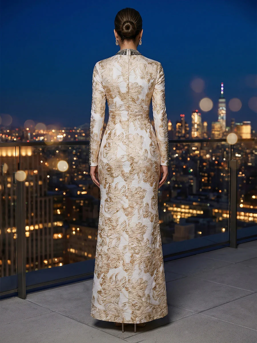 Sheath/Column Scoop Jacquard Formal Dresses Beading Ankle-Length Long Sleeves Floral Evening Dresses - Image 2
