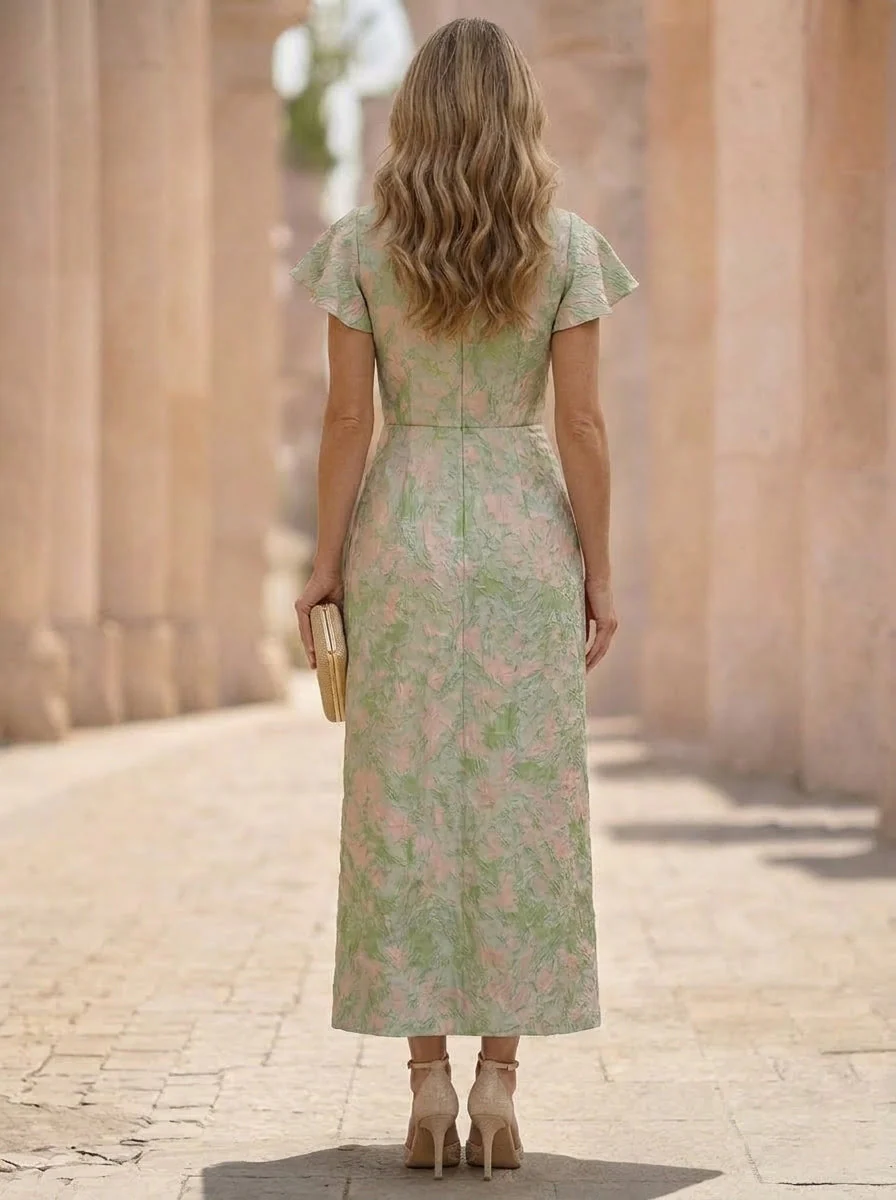 Sheath/Column Scoop Jacquard Mother of the Bride Dresses Ankle-Length Puff Sleeves Ruffles - Image 2