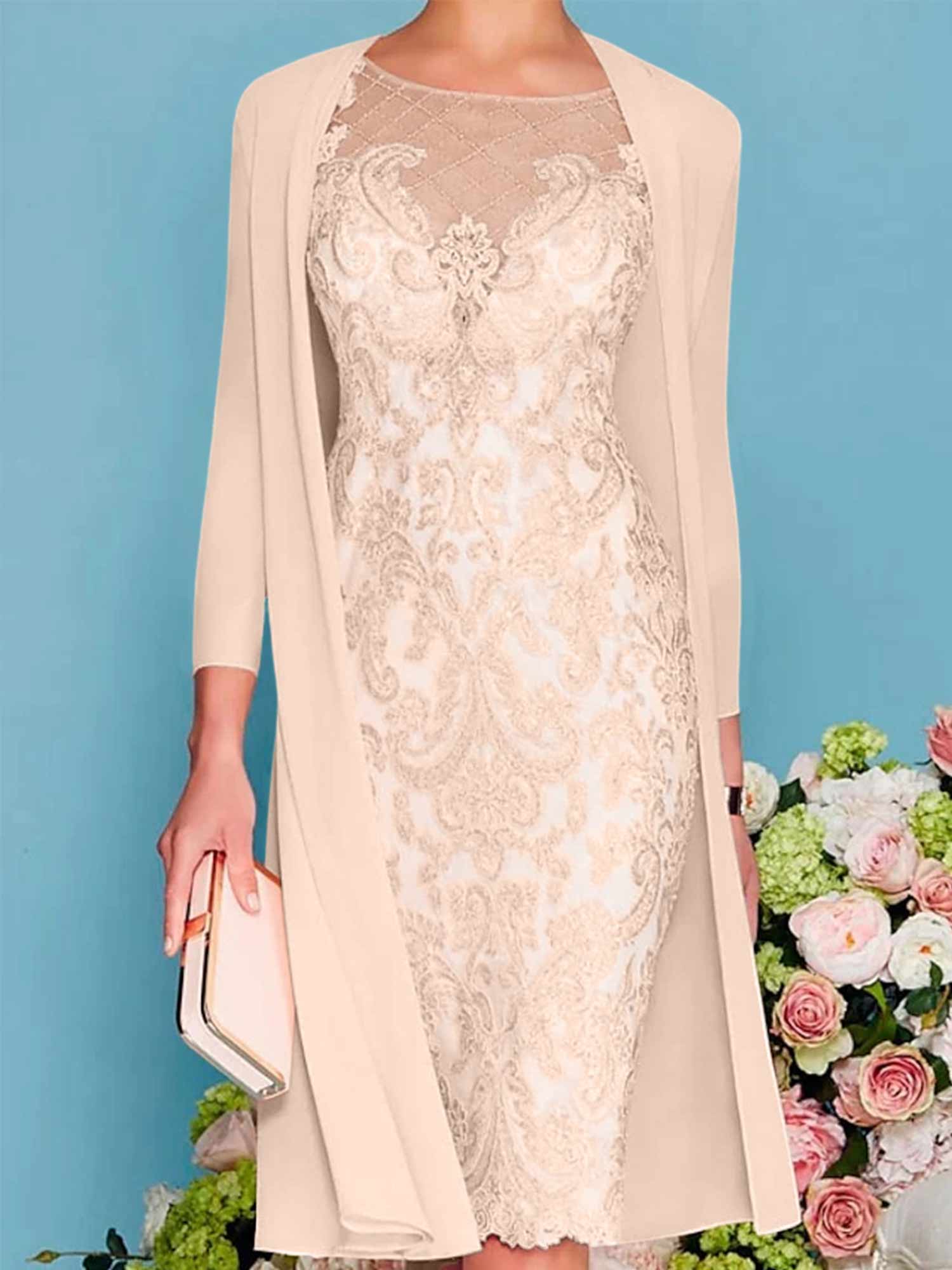 Sheath/Column Scoop Long Sleeves Knee-Length Mother of the Bride Dresses with Lace Beading Appliques - Image 10