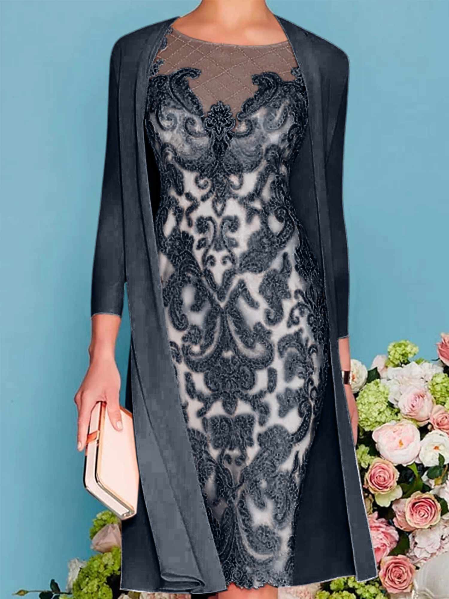Sheath/Column Scoop Long Sleeves Knee-Length Mother of the Bride Dresses with Lace Beading Appliques - Image 11