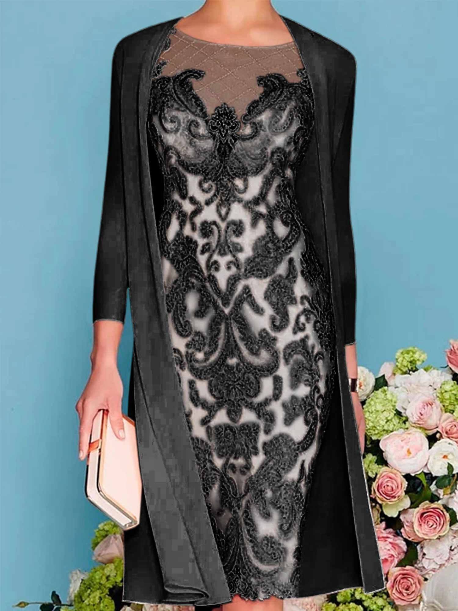Sheath/Column Scoop Long Sleeves Knee-Length Mother of the Bride Dresses with Lace Beading Appliques - Image 22