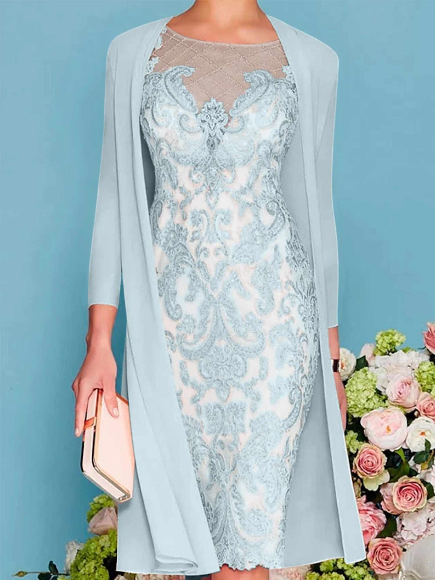 Sheath/Column Scoop Long Sleeves Knee-Length Mother of the Bride Dresses with Lace Beading Appliques - Image 43