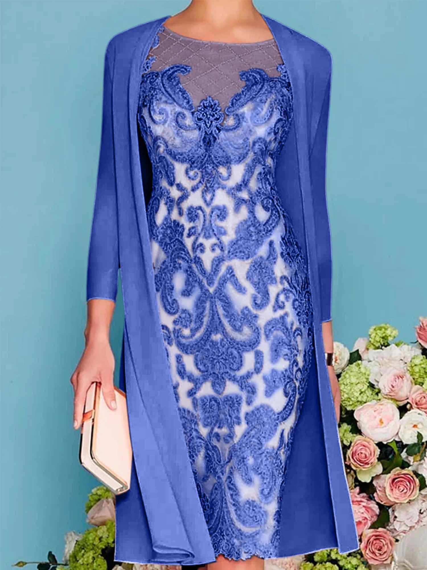 Sheath/Column Scoop Long Sleeves Knee-Length Mother of the Bride Dresses with Lace Beading Appliques - Image 47