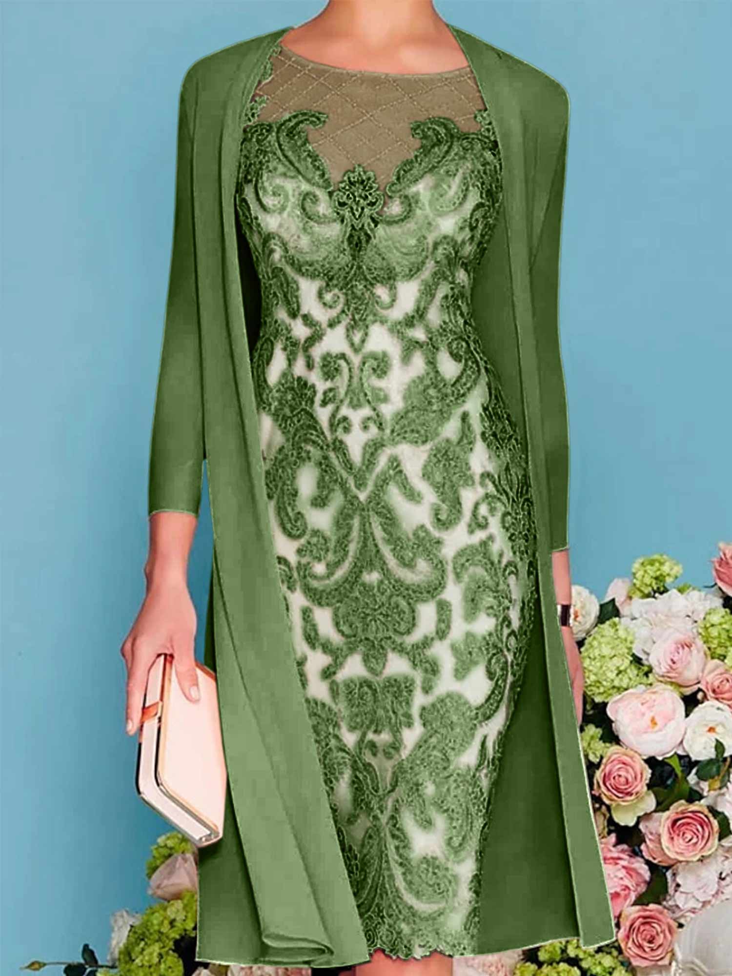 Sheath/Column Scoop Long Sleeves Knee-Length Mother of the Bride Dresses with Lace Beading Appliques - Image 57