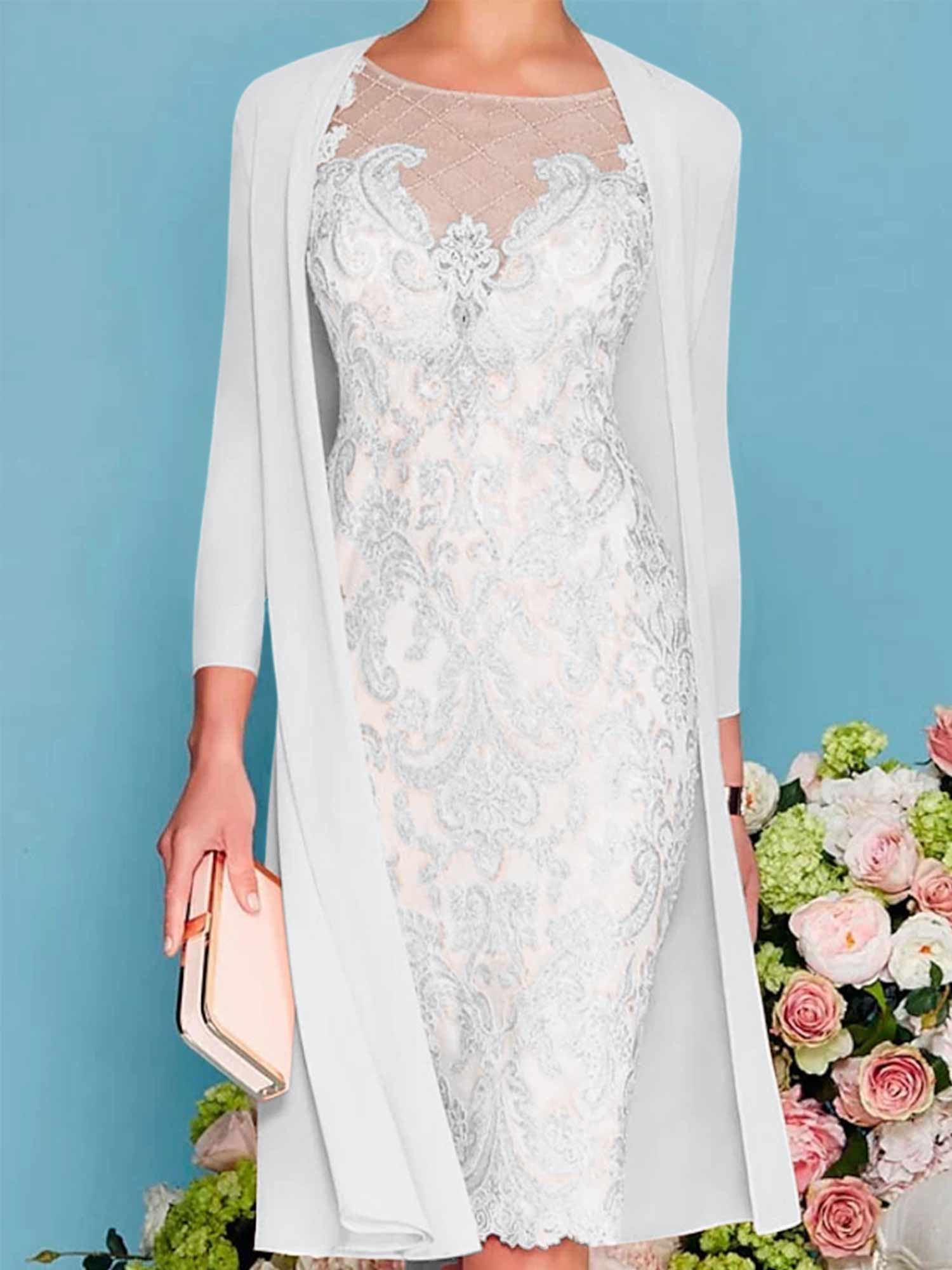 Sheath/Column Scoop Long Sleeves Knee-Length Mother of the Bride Dresses with Lace Beading Appliques - Image 78
