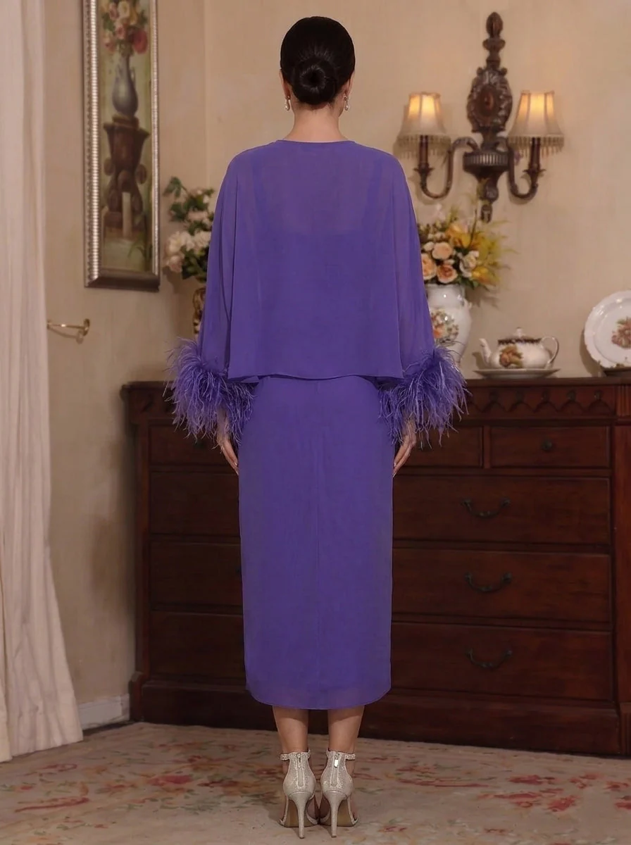 Sheath/Column Scoop Mother of the Bride Dresses with Feathered Jacket Tea-Length 3D Flower Long Sleeves - Image 2