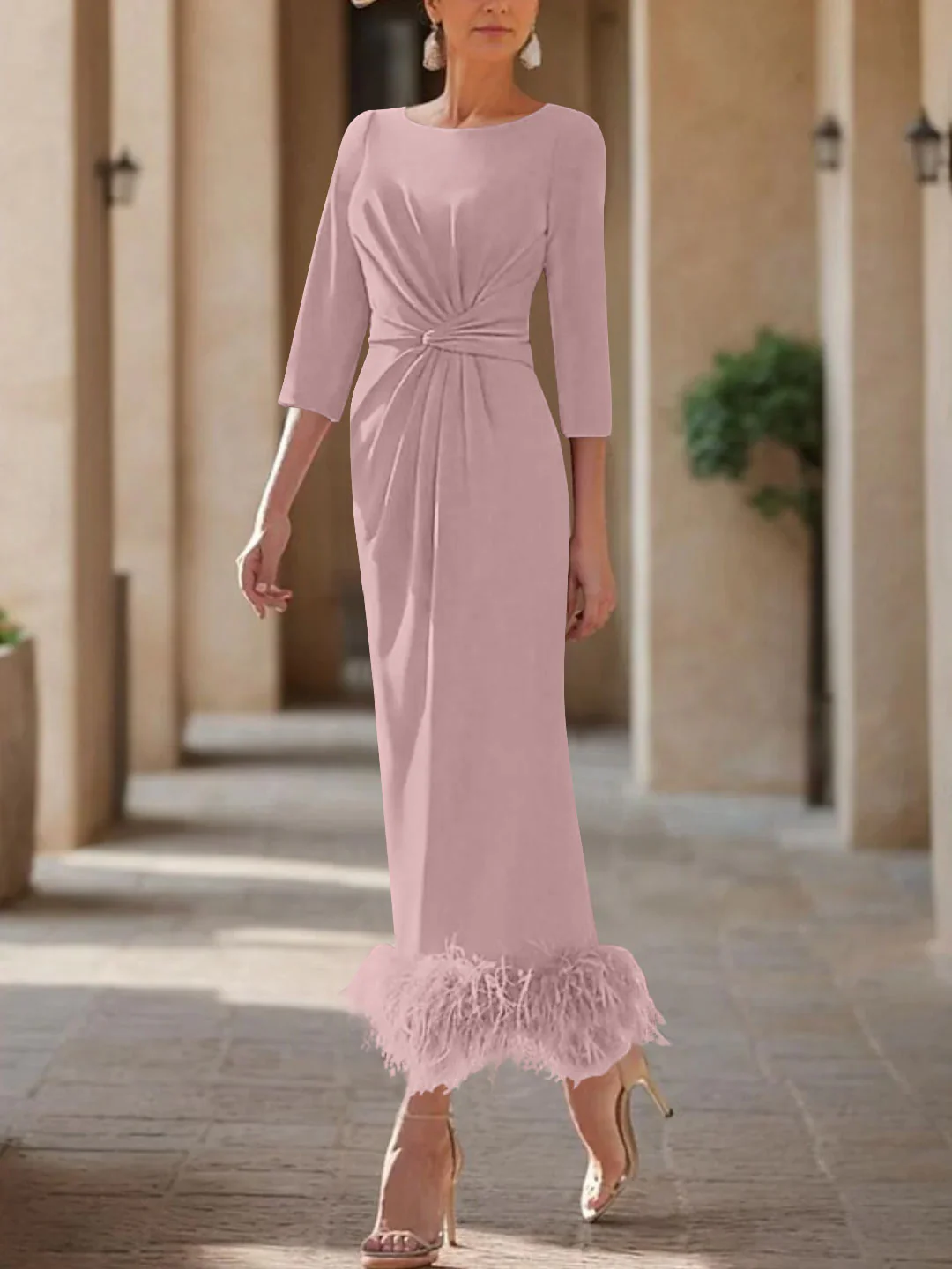Sheath/Column Scoop Neck Ankle Length Elegant Mother of the Bride  & Groom Dresses with Feather - Image 15