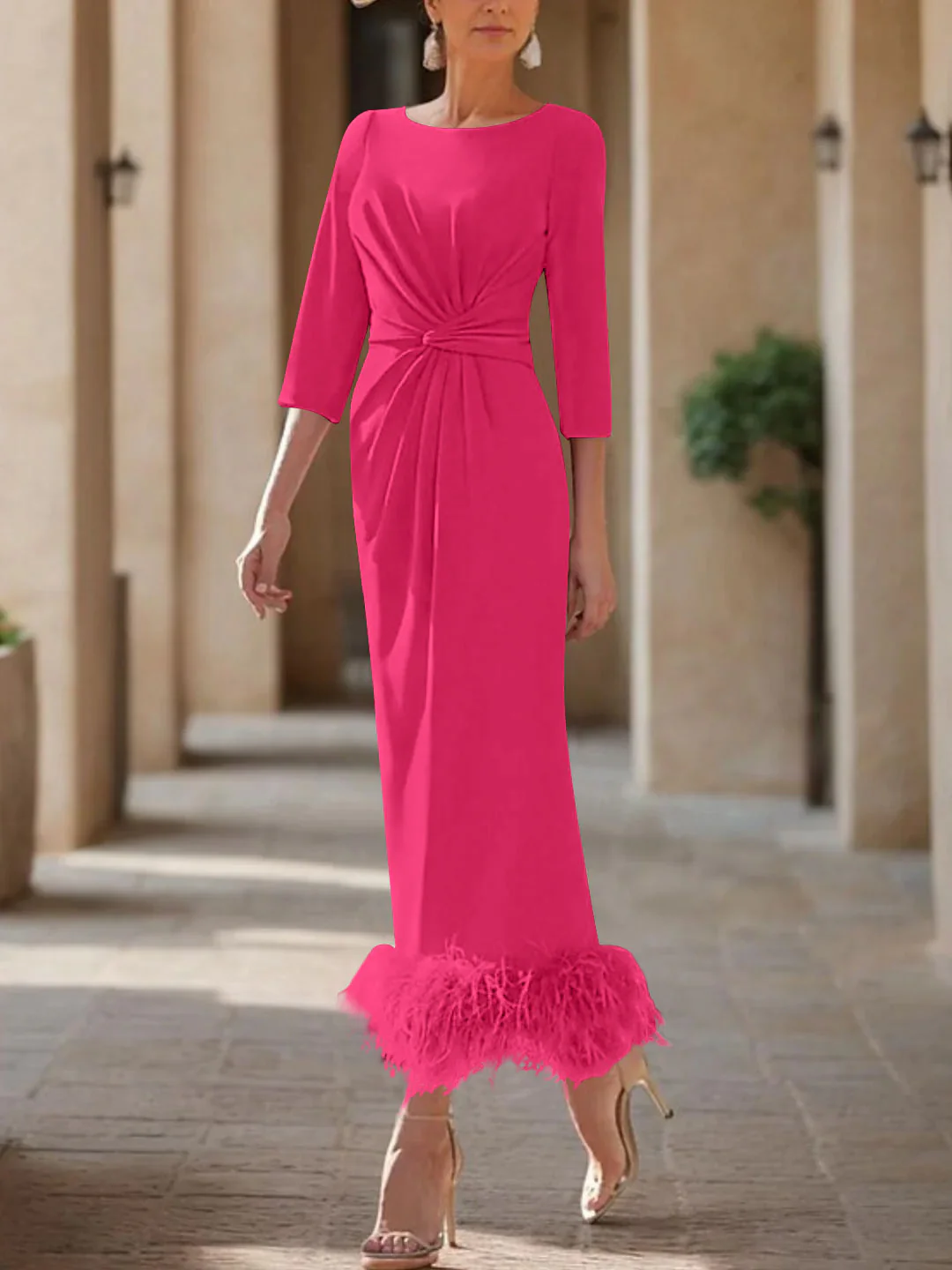 Sheath/Column Scoop Neck Ankle Length Elegant Mother of the Bride  & Groom Dresses with Feather - Image 20