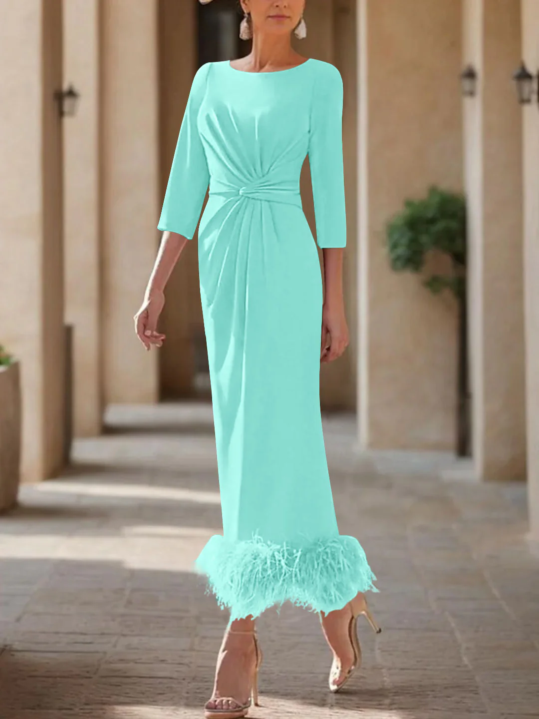 Sheath/Column Scoop Neck Ankle Length Elegant Mother of the Bride  & Groom Dresses with Feather - Image 30
