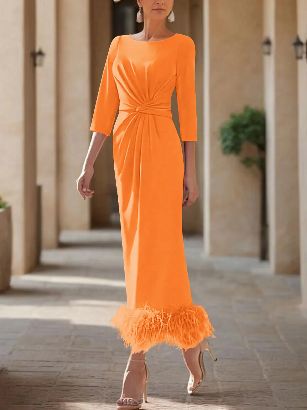 Sheath/Column Scoop Neck Ankle Length Elegant Mother of the Bride  & Groom Dresses with Feather - Image 38