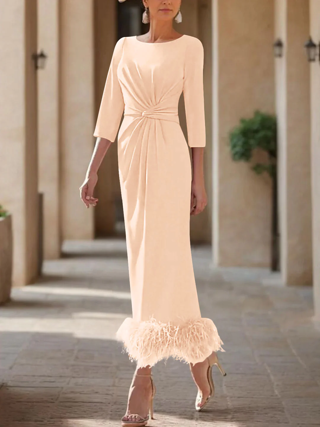Sheath/Column Scoop Neck Ankle Length Elegant Mother of the Bride  & Groom Dresses with Feather - Image 39