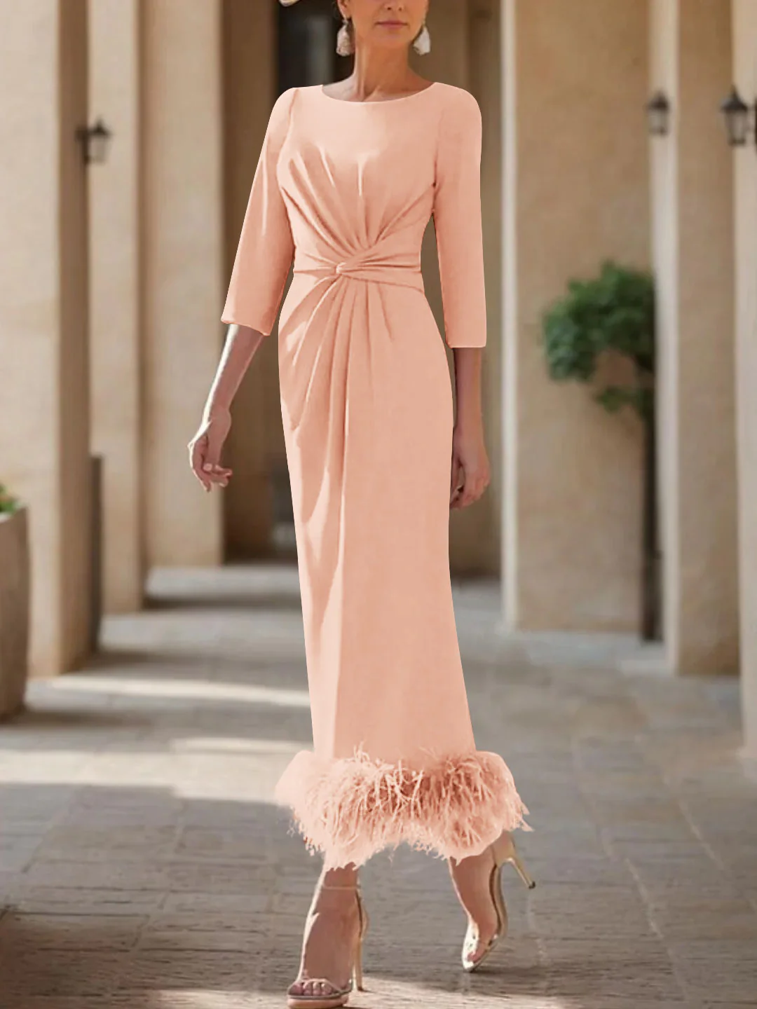 Sheath/Column Scoop Neck Ankle Length Elegant Mother of the Bride  & Groom Dresses with Feather - Image 46