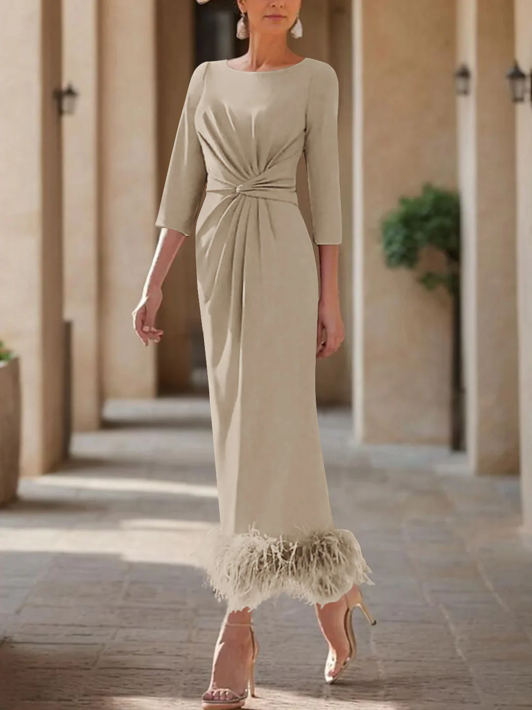 Sheath/Column Scoop Neck Ankle Length Elegant Mother of the Bride  & Groom Dresses with Feather - Image 51