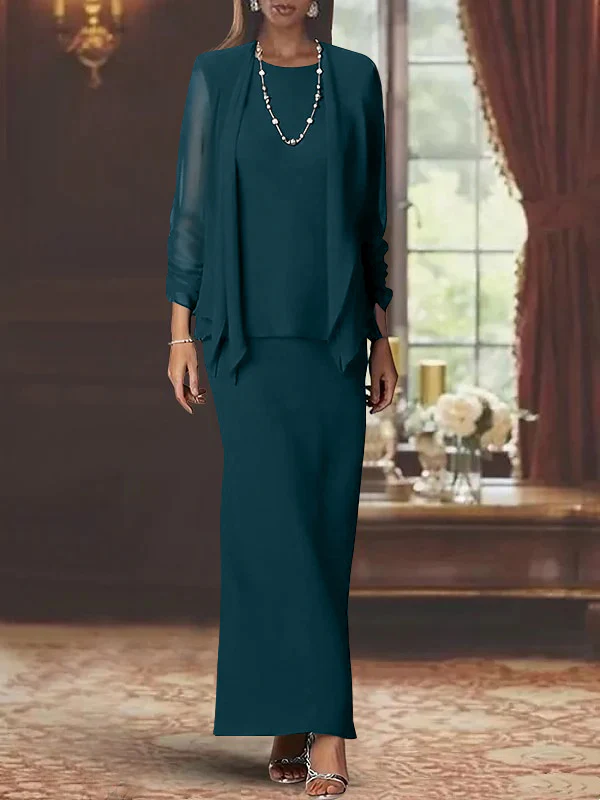 Sheath/Column Scoop Neck Long Sleeves Floor-Length Mother of the Bride Dresses with Jacket - Image 29