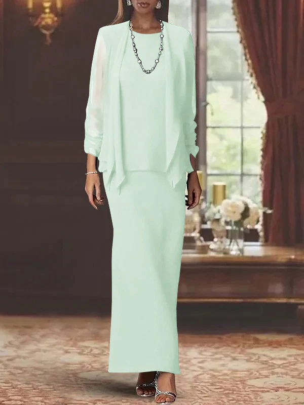 Sheath/Column Scoop Neck Long Sleeves Floor-Length Mother of the Bride Dresses with Jacket - Image 34