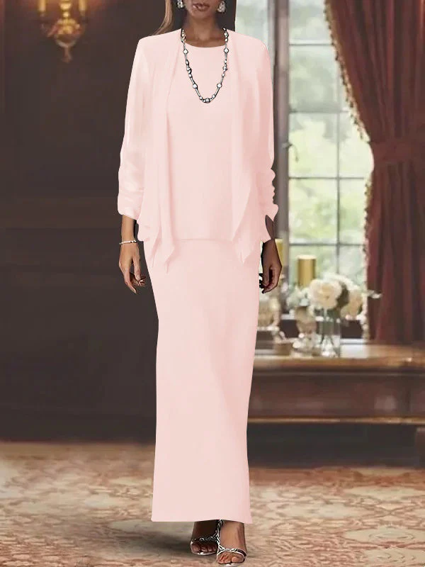 Sheath/Column Scoop Neck Long Sleeves Floor-Length Mother of the Bride Dresses with Jacket - Image 41