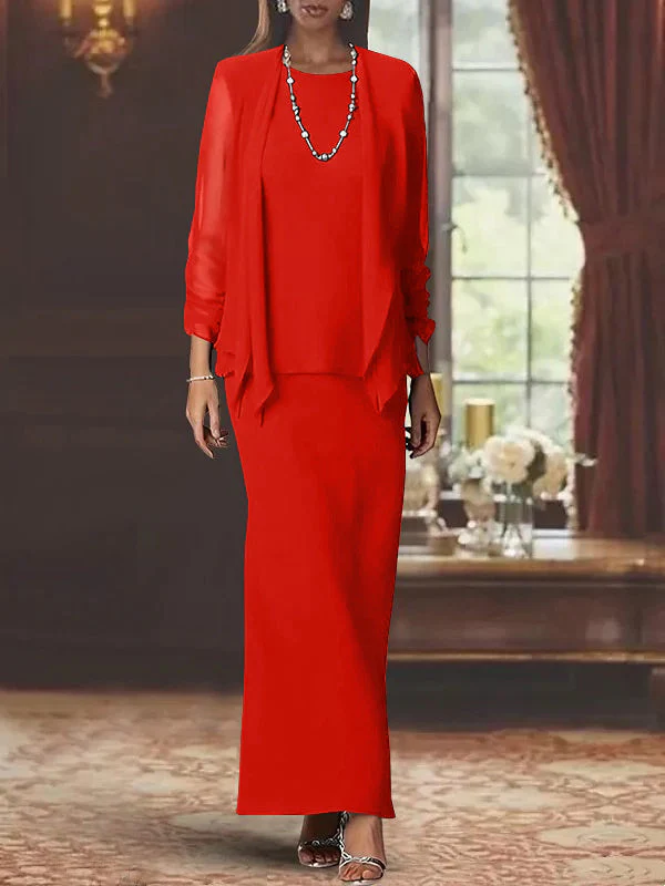 Sheath/Column Scoop Neck Long Sleeves Floor-Length Mother of the Bride Dresses with Jacket - Image 44