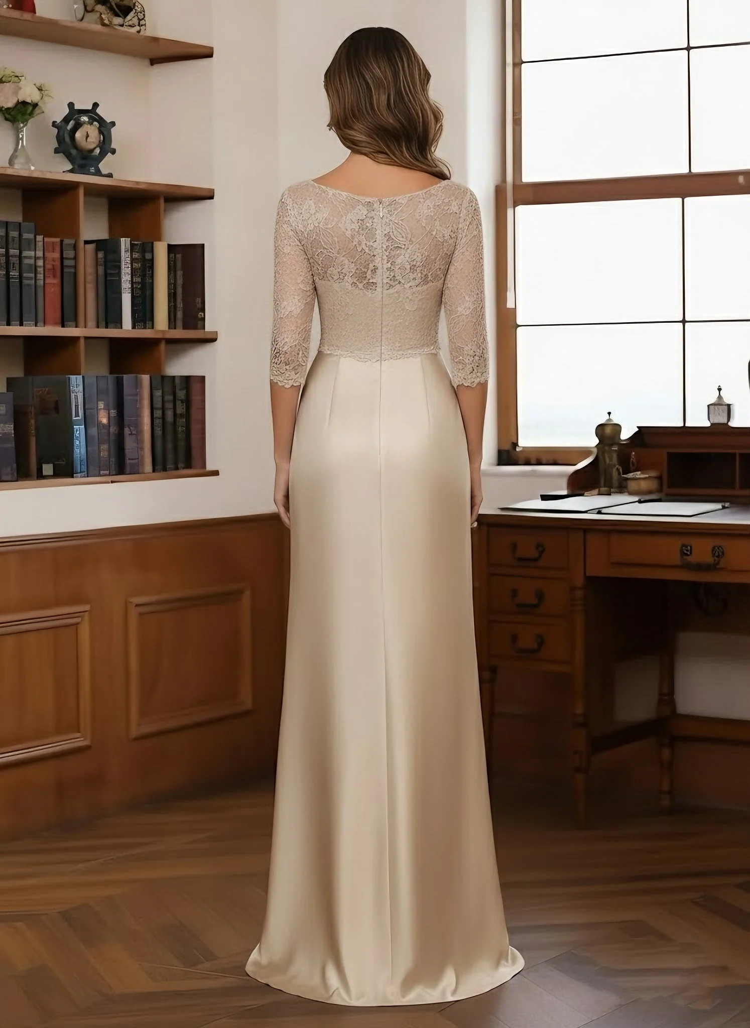 Sheath/Column Scoop Satin Mother of the Bride Dresses 3/4 Sleeves Floor-Length Lace Ruffles - Image 2