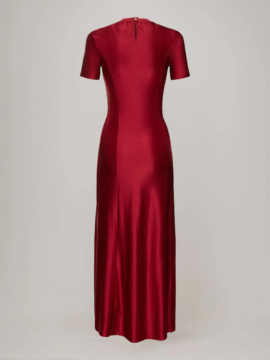 Sheath/Column Scoop Short Sleeves Asymmetrical Wedding Guest Dress with Bottons & Ruches - Image 4