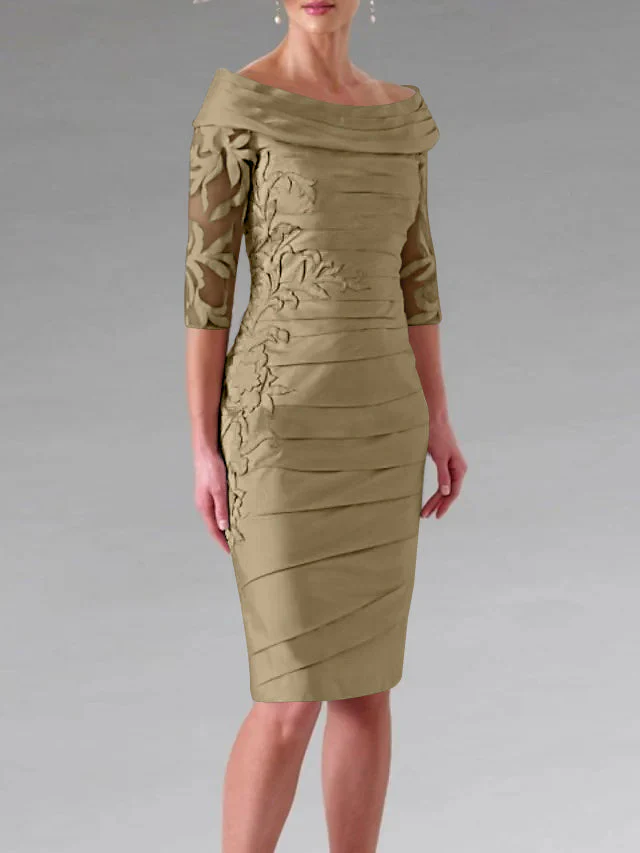 Sheath/Column Scoop Half Sleeves Knee-Length Mother of the Bride Dresses with Appliques Ruching - Image 48