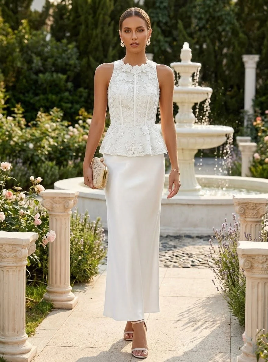 Sheath/Column Scoop Silk Satin Cocktail Dresses with 3D Flower Sleeveless Ankle-Length Lace Floral Formal Dresses - Image 3