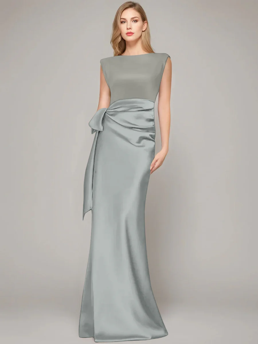 Sheath/Column Scoop Sleeveless Floor-Length Mother of the Bride Dresses with Bow & Shoulder Pad - Image 17