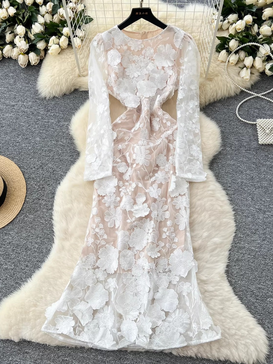 Sheath/Column Scoop Wedding Guest Dresses Lace Embroidery Ankle-Length Long Sleeves Floral - Image 8