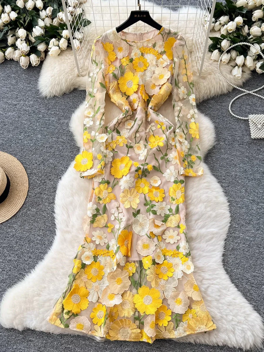 Sheath/Column Scoop Wedding Guest Dresses Lace Embroidery Ankle-Length Long Sleeves Floral - Image 9