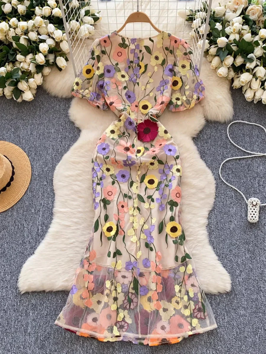 Sheath/Column Scoop Wedding Guest Dresses Lace Embroidery Tea-Length Short Sleeves Floral - Image 3