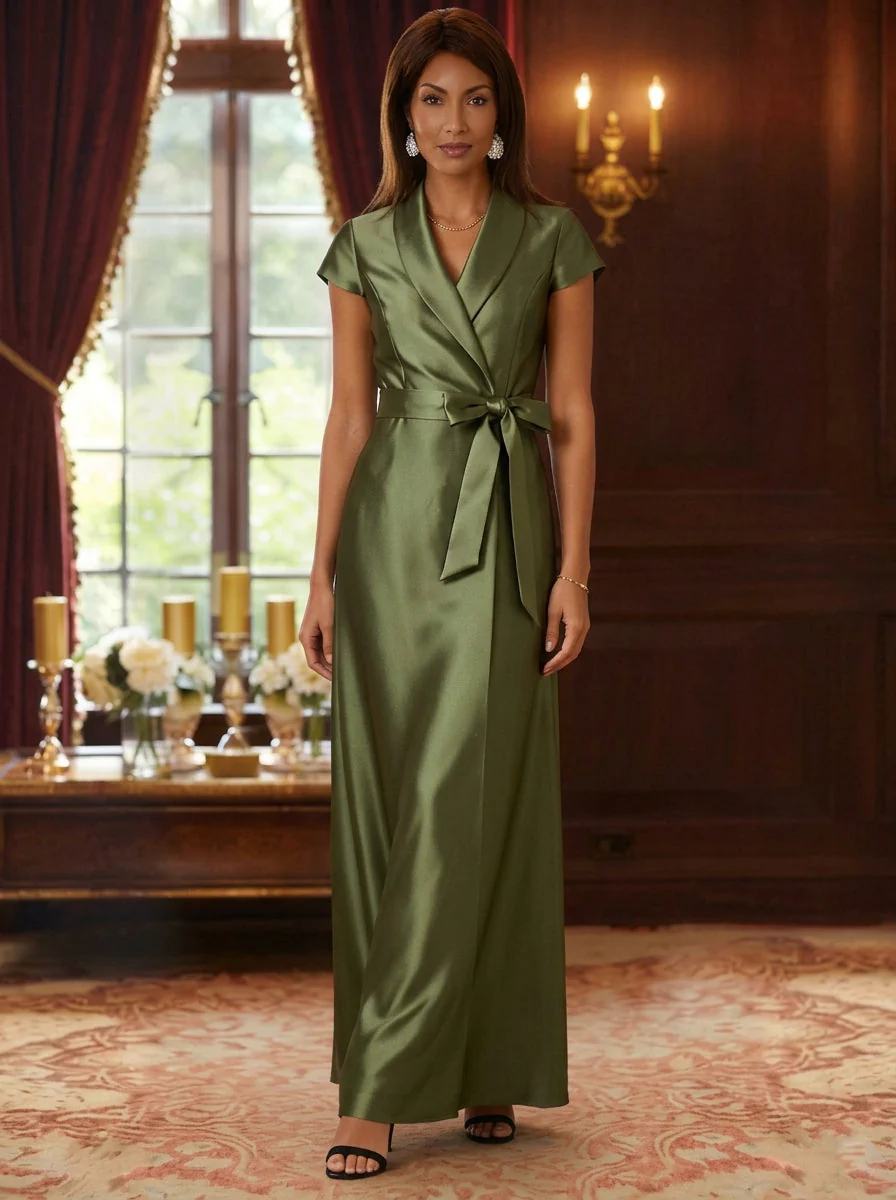 Sheath/Column Shirt Collar Silk Satin Mother of the Bride Dresses Cap Sleeves Ankle-Length Belt - Image 3