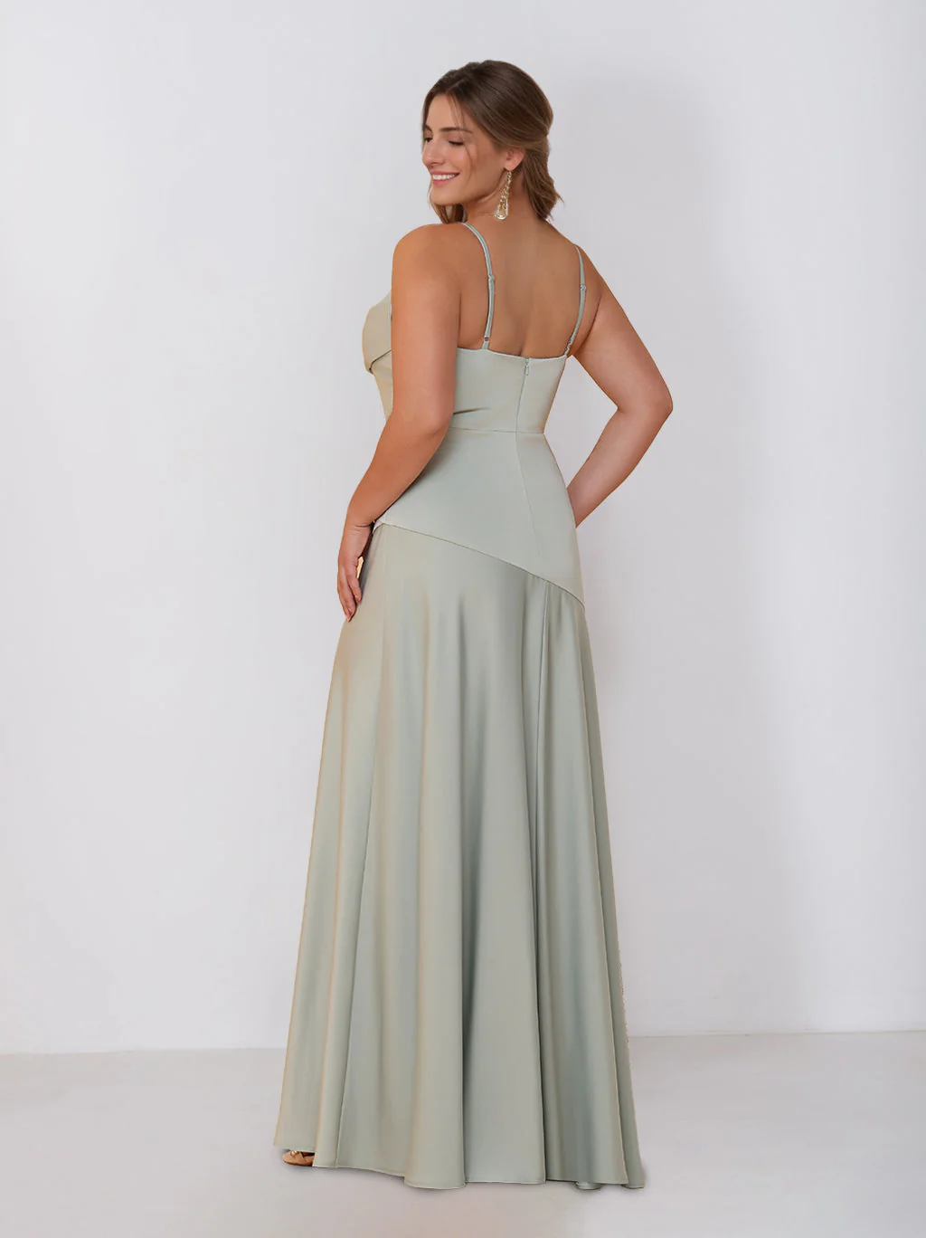 Sheath/Column Spaghetti Straps Cowl Neck Sleeveless Floor-Length Silk Satin Plus Size Bridesmaid Dresses with Split Side - Image 2