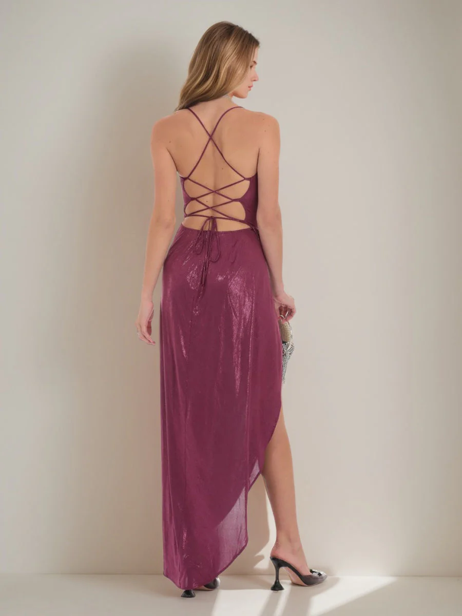 Sheath/Column Spaghetti Straps Ruched Asymmetrical Prom Dresses with Criss-cross Lace-up - Image 2
