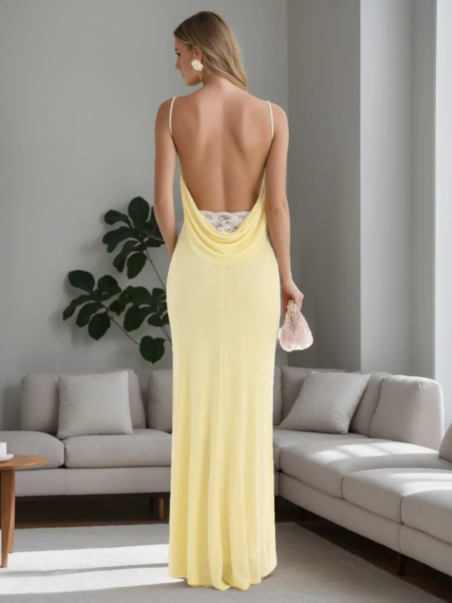 Sheath/Column Spaghetti Straps Ruched Backless Floor-length Prom Dresses with Lace - Image 2