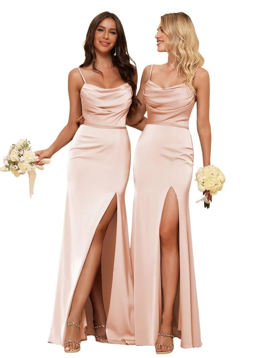 Sheath/Column Spaghetti Straps  Sleeveless Floor Length Bridesmaid Dresses  Satin with Ruffles Split - Image 29