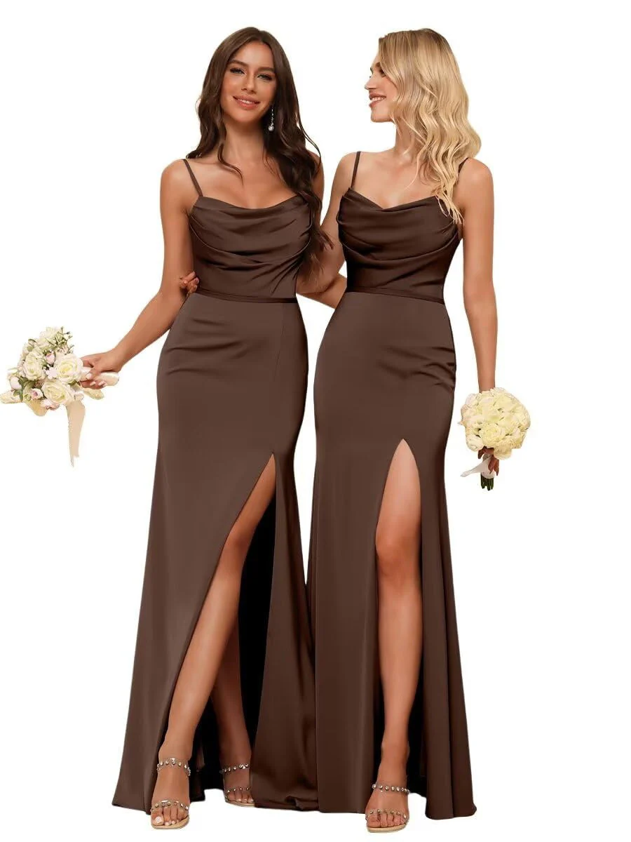 Sheath/Column Spaghetti Straps  Sleeveless Floor Length Bridesmaid Dresses  Satin with Ruffles Split - Image 7