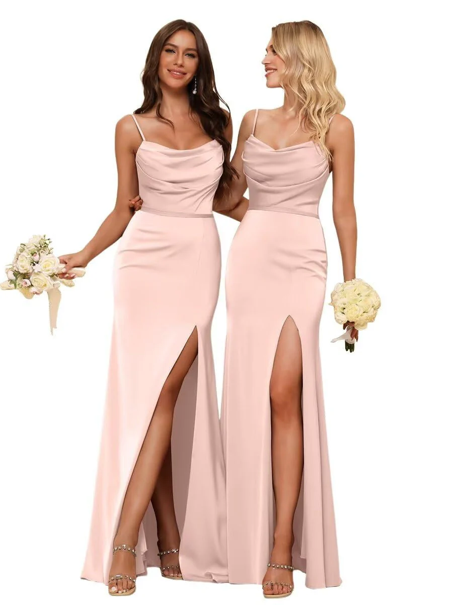 Sheath/Column Spaghetti Straps  Sleeveless Floor Length Bridesmaid Dresses  Satin with Ruffles Split - Image 8