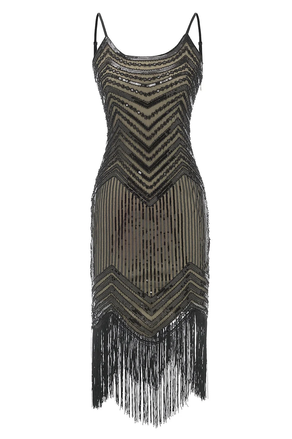Sheath/Column Spaghetti Straps Sleeveless Tea-Length Vintage Dress with Sequins &Tassel Fringe - Image 4