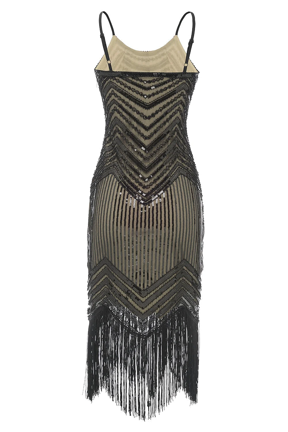 Sheath/Column Spaghetti Straps Sleeveless Tea-Length Vintage Dress with Sequins &Tassel Fringe - Image 5
